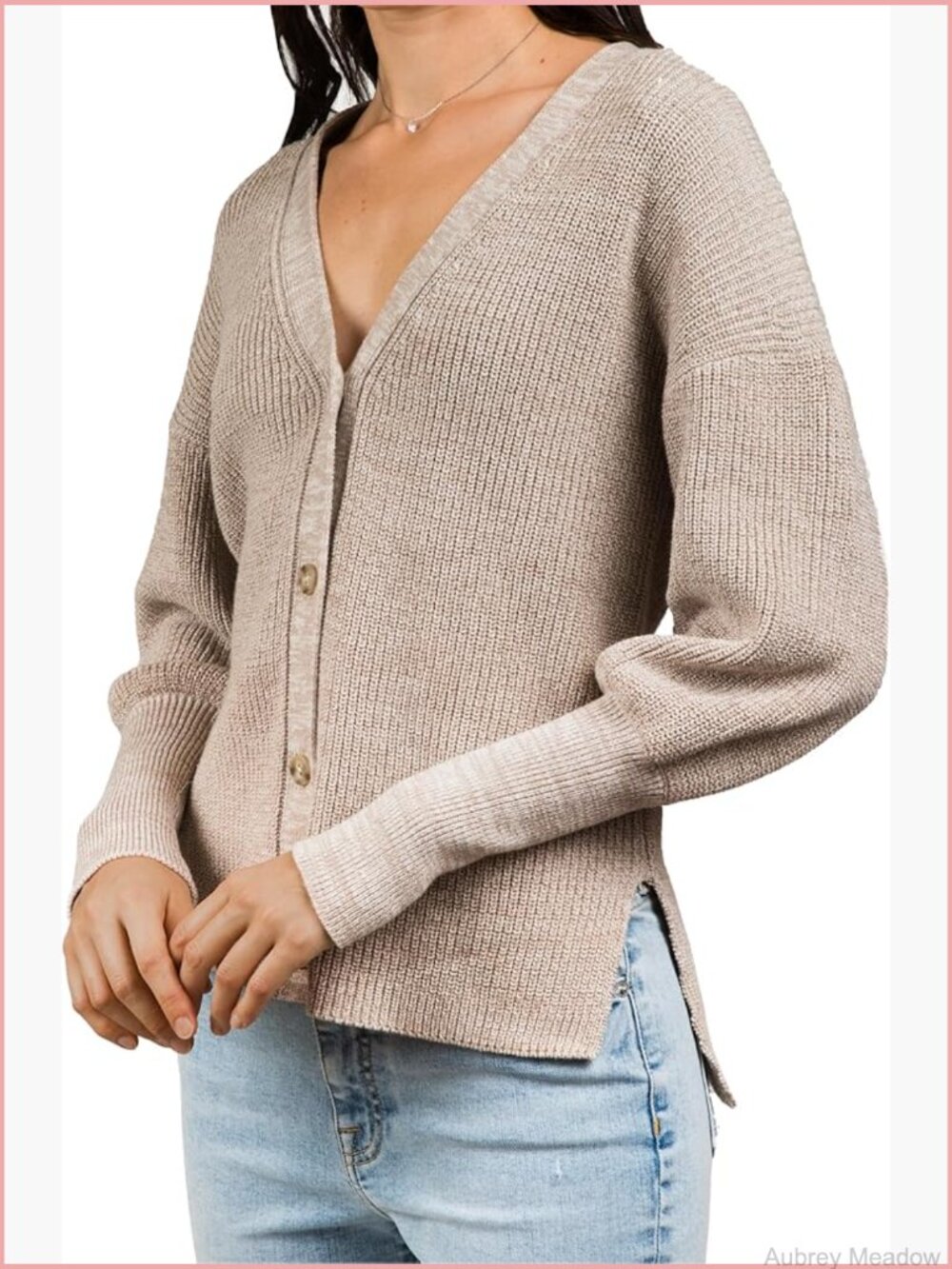 Puff Sleeve Cardigan Sweater Relaxed Fit 3/4 Sleeve Button Down Knit